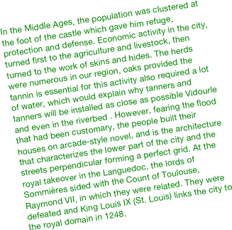 In the Middle Ages, the population was clustered at the foot of the castle which gave him refuge, protection and defense. Economic activity in the city, turned first to the agriculture and livestock, then turned to the work of skins and hides. The herds were numerous in our region, oaks provided the tannin is essential for this activity also required a lot of water, which would explain why tanners and tanners will be installed as close as possible Vidourle and even in the riverbed . However, fearing the flood that had been customary, the people built their houses on arcade-style novel, and is the architecture that characterizes the lower part of the city and the streets perpendicular forming a perfect grid. At the royal takeover in the Languedoc, the lords of Sommières sided with the Count of Toulouse, Raymond VII, in which they were related. They were defeated and King Louis IX (St. Louis) links the city to the royal domain in 1248.&#10;&#10;