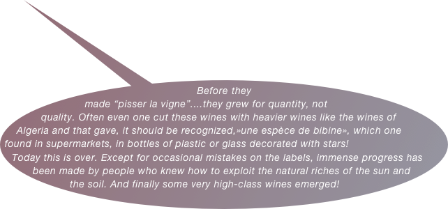 Before they made “pisser la vigne”....they grew for quantity, not quality. Often even one cut these wines with heavier wines like the wines of Algeria and that gave, it should be recognized,»une espèce de bibine», which one found in supermarkets, in bottles of plastic or glass decorated with stars! &#10;Today this is over. Except for occasional mistakes on the labels, immense progress has been made by people who knew how to exploit the natural riches of the sun and the soil. And finally some very high-class wines emerged!